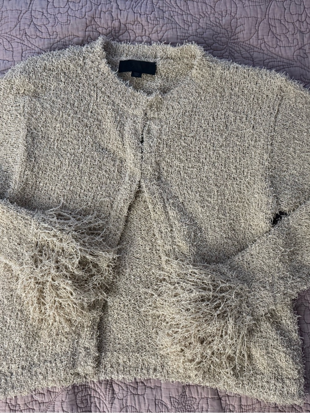 Zara Beige Textured Fringe-Sleeve Women's Sweater